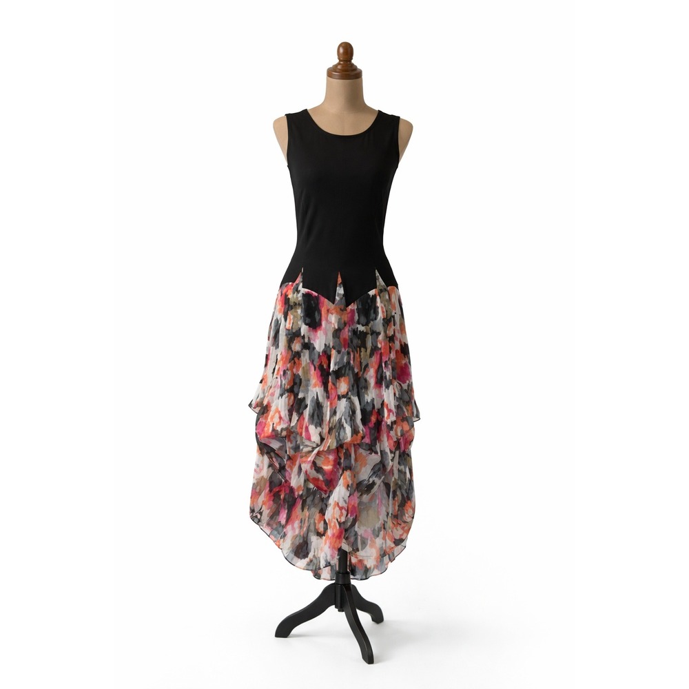 Kozlyne Artsy Mixed Media Bubble Hem Dress Small Abstract Print Drop Waist Chic